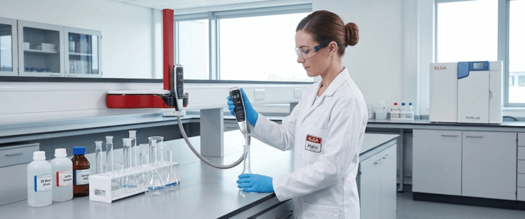 Halo Dispense Solutions lab technician using a dispenser system to prepare samples in a modern laboratory