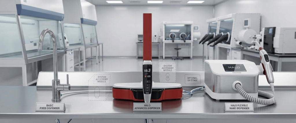 Halo Dispense Solutions lab water dispensing system with fixed, advanced, and flexible hand dispensers in a clean laboratory setting