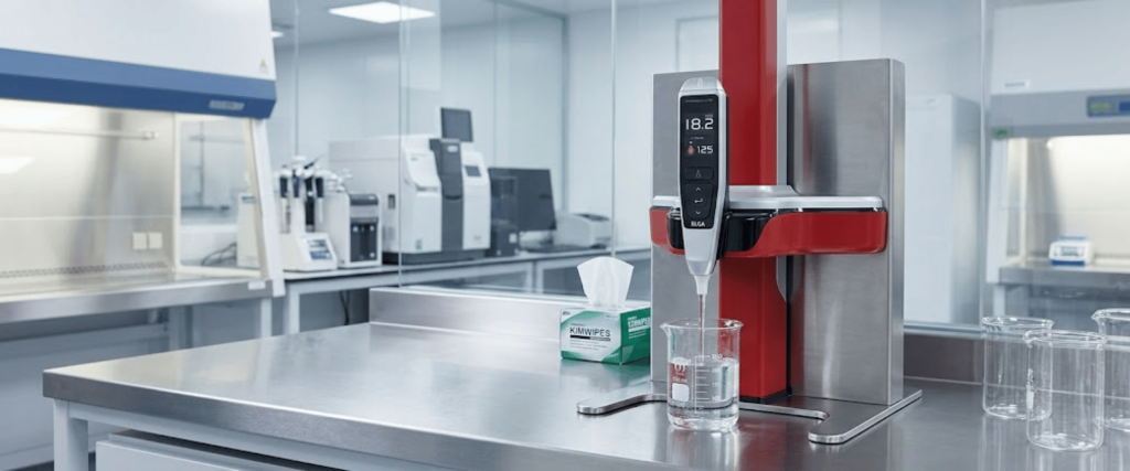 Halo Dispense Solutions laboratory water dispenser filling a beaker in a clean scientific workspace