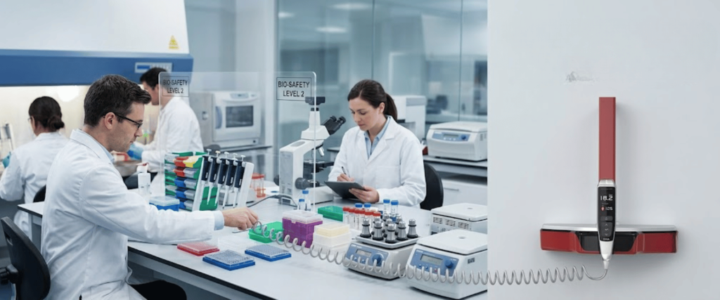 Halo Dispense Solutions laboratory workflow with scientists using lab equipment in a modern biosafety lab