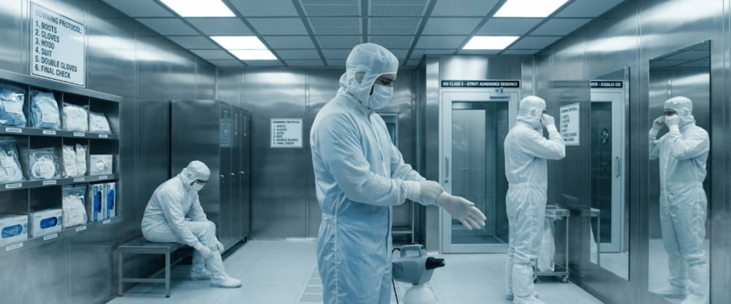 ISO Class 5 cleanroom staff in protective suits following strict gowning protocols inside a sterile pharmaceutical facility