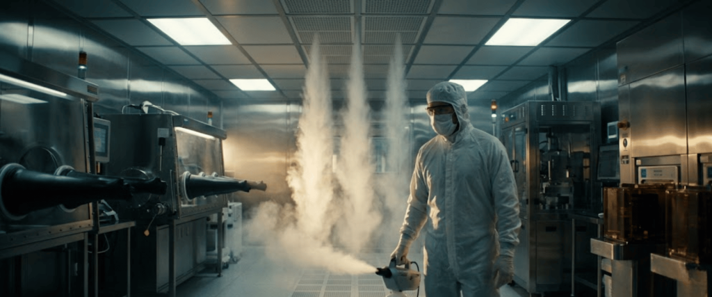 ISO Class 5 cleanroom with a technician in protective suit operating machinery amid controlled steam and sterile equipment