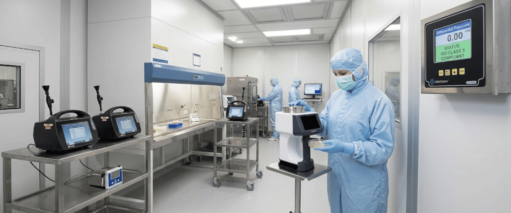 ISO Class 5 cleanroom with technicians in protective suits operating sterile lab equipment and monitoring airflow controls
