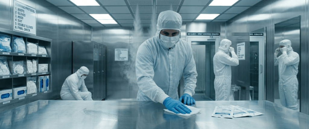 ISO Class 5 cleanroom with technicians in protective suits, sterile workspace, and controlled environment for precision work