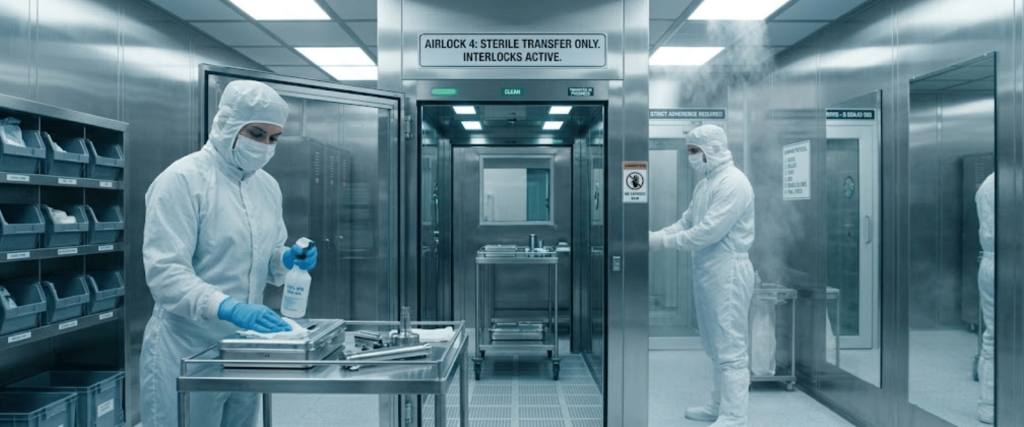 ISO Class 5 cleanroom with technicians in sterile suits handling equipment in an airlocked, controlled environment