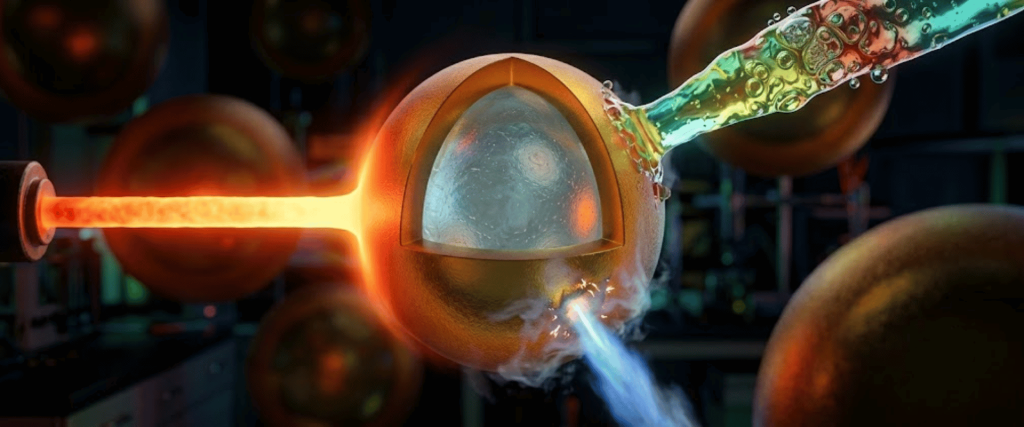 Nanoparticle Coatings applied to a glowing spherical material in a high-tech lab process with liquid streams and heat