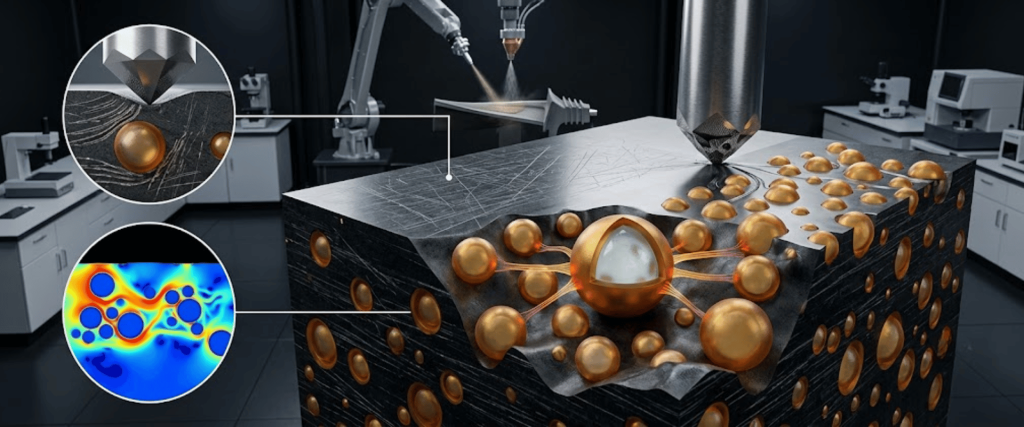 Nanoparticle Coatings illustration showing protective gold particles on a surface in a lab, highlighting advanced material science
