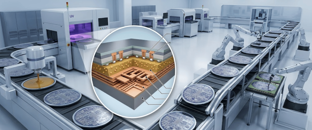 Nanoparticle Coatings production line with automated robots, UV curing machines, and semiconductor wafer processing system