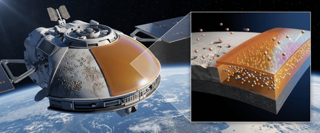 Nanoparticle Coatings protect a spacecraft surface with advanced layered shielding in orbit