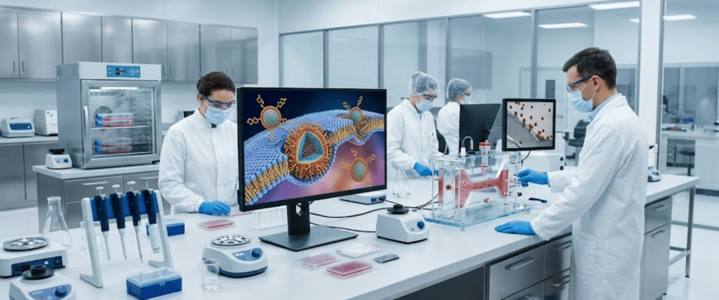 Nanoparticle Coatings researchers testing advanced materials in a modern lab with microscopes, screens, and lab equipment