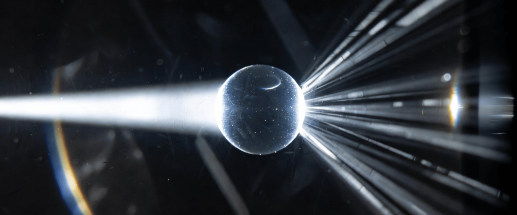 PSL Sphere Sizes glowing crystal sphere with light rays in a dark abstract sci fi background close up view