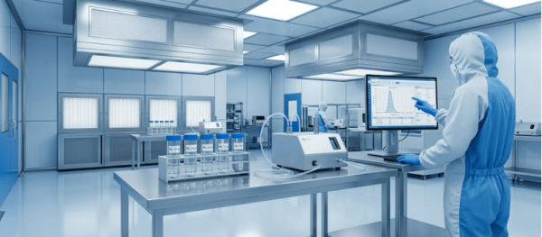 PSL sphere sizes lab technician analyzing test results in a clean laboratory with sample bottles and digital monitoring system