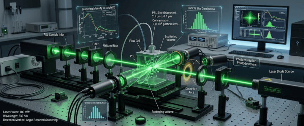 PSL sphere sizes measured with laser scattering system, showing particle size distribution, detectors, and sample inlet