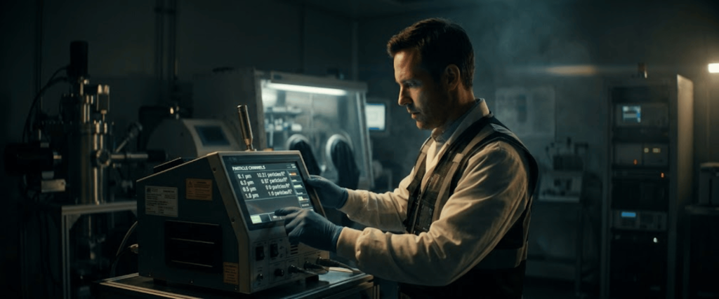 PSL sphere sizes technician operating a lab machine in a dim industrial setting with digital controls and testing equipment