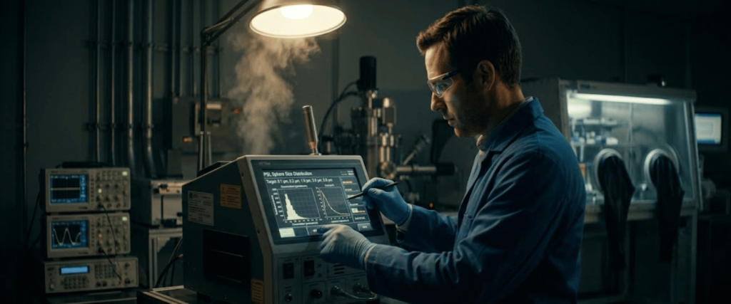 PSL sphere sizes testing in a lab, technician analyzing data on a monitor during precision measurement and quality control