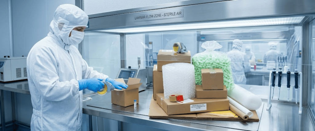 Particle Standards cleanroom worker packages materials in sterile air zone with controlled environment and lab supplies