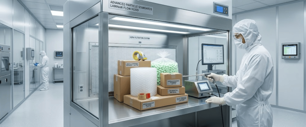 Particle Standards in a clean lab with a technician testing materials inside a laminar flow hood for contamination control