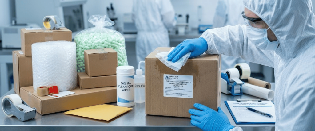 Particle Standards packaging inspection in a cleanroom, with sealed boxes, wipes, tape, and protective gear for contamination control