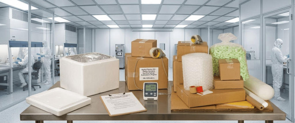 Particle Standards packaging materials displayed in a cleanroom, with sterile workers and shipping boxes for contamination control