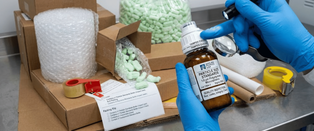 Particle Standards sample bottle inspection with gloves, packaging materials, and quality control supplies on a workbench