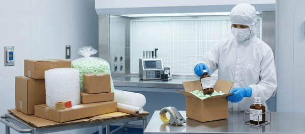 Particle Standards technician packing pharmaceutical bottle in cleanroom with protective packaging and laboratory equipment