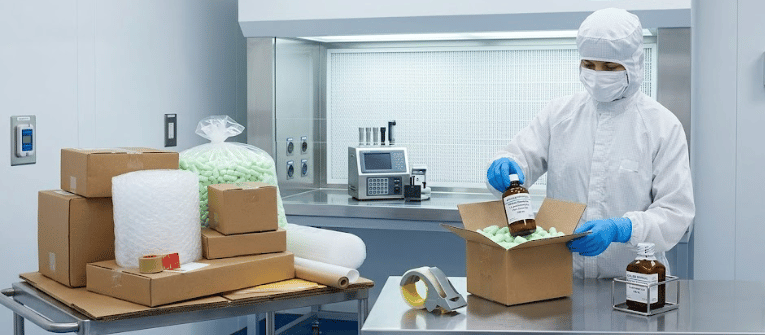 Particle Standards technician packing pharmaceutical bottle in cleanroom with protective packaging and laboratory equipment