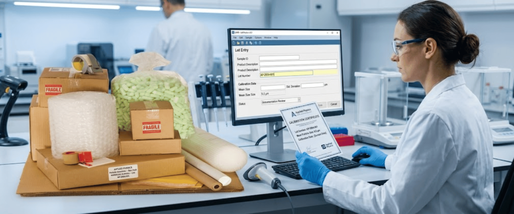 Particle Standards testing in a lab with packaging materials, scientist at computer, and fragile sample inspection