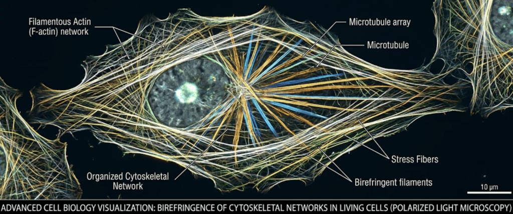 Polarizing biological microscope image of cytoskeletal networks, actin, microtubules, and stress fibers in a living cell