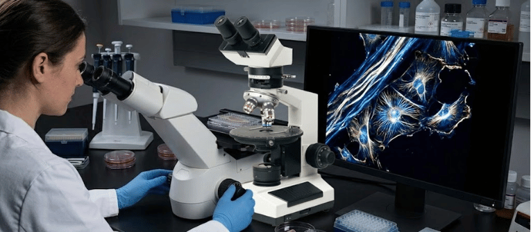 Polarizing biological microscope in a lab with a scientist examining samples beside a monitor showing glowing cell structures