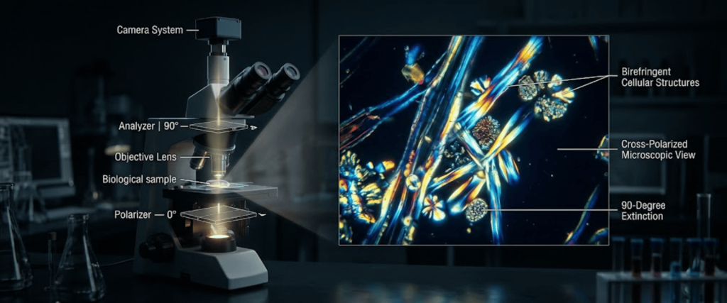 Polarizing biological microscope showing birefringent cellular structures, cross-polarized microscopic view, and 90-degree extinction