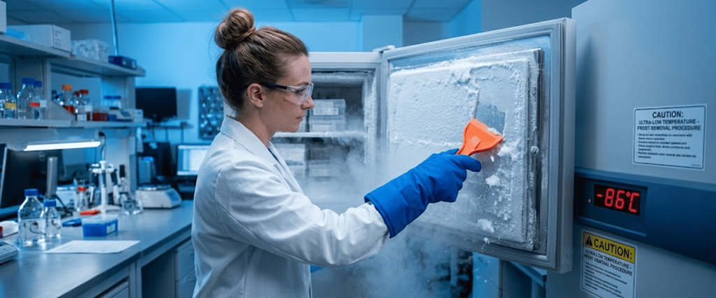 Scientist cleaning a frosted 86°C Ultra-Low Temperature freezer in a lab, using a scraper and protective gloves