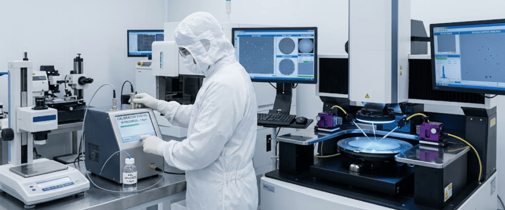Scientist in cleanroom suit testing airborne particulates with advanced lab equipment and computer monitors