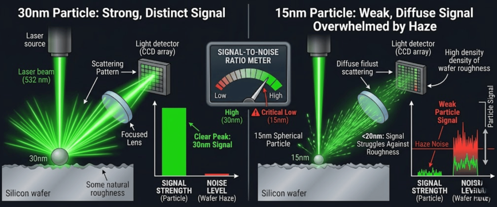 Sub-20nm particle signal comparison on silicon wafer 30nm strong, 15nm weak, diffuse signal with noise