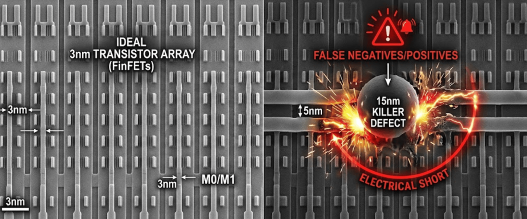 Sub-20nm transistor array comparison showing 3nm ideal FinFETs and a 15nm defect causing electrical short