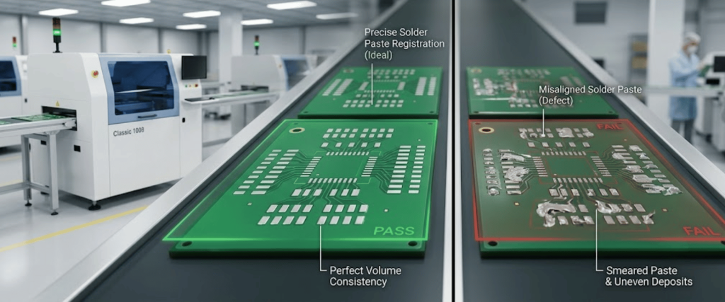 Automatic SMT Stencil Printer image showing precise solder paste registration, perfect volume consistency, and defect examples of misalignment and smeared paste