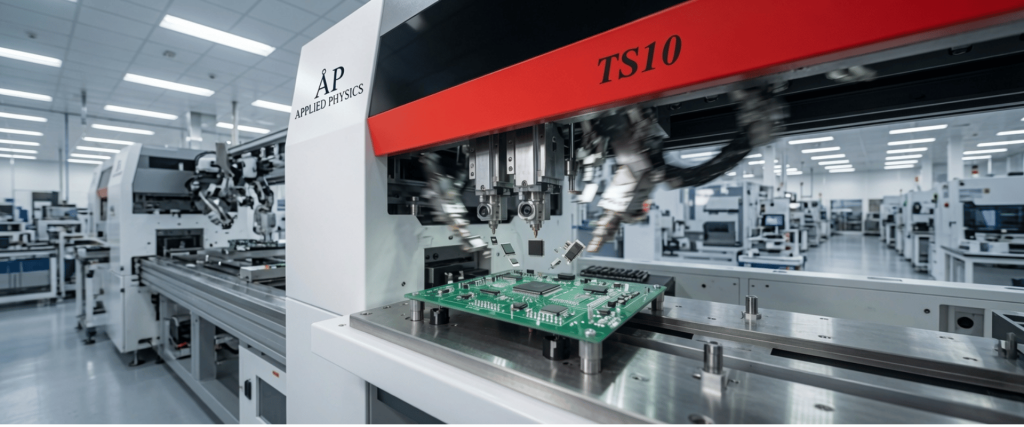 10-Head SMT assembly machine placing components on a PCB in a modern electronics manufacturing factory with automated lines