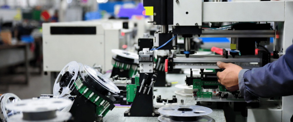 10-Head SMT machine assembling electronic components on a factory line, with reels and a technician adjusting the equipment