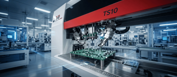 10-Head SMT machine placing components on PCB in a modern electronics assembly factory