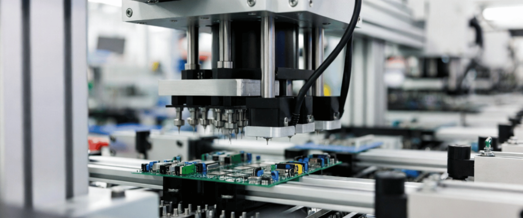 10-Head SMT machine placing components on a circuit board in a modern electronics manufacturing assembly line