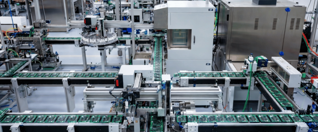 10-Head SMT production line with circuit boards on conveyor belts in an automated electronics manufacturing factory