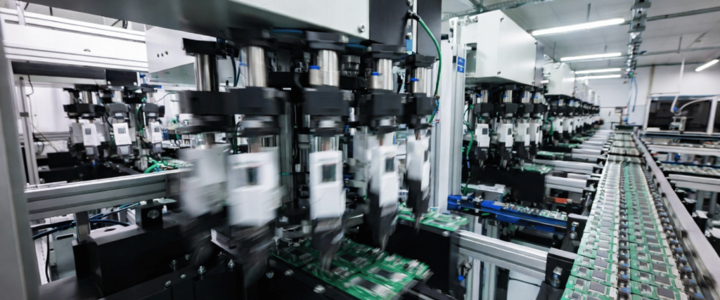 10-Head SMT production line with multiple placement heads assembling circuit boards in a modern electronics factory