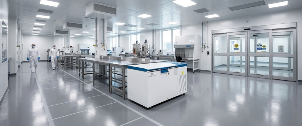 150°C Cryogenic Freezer in a clean laboratory with stainless steel worktables, technicians, and glass doors in a modern research facility