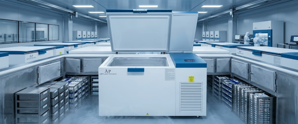150°C Cryogenic Freezer in a clean laboratory with storage racks and a large open freezer for sample preservation