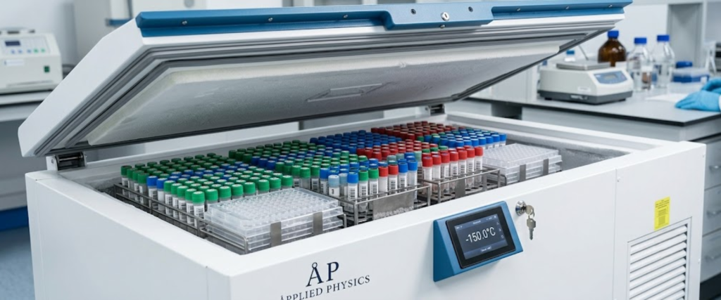 150°C Cryogenic Freezer in a lab with open lid, sample vials, and digital temperature display