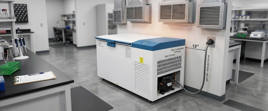 150°C Cryogenic Freezer in a laboratory, with rear compressor exhaust, side exhaust, and nearby workbenches
