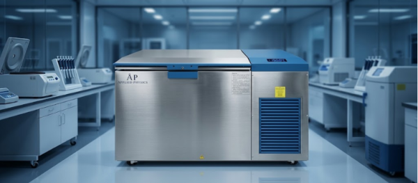 150°C Cryogenic Freezer in a modern laboratory, stainless steel unit with blue accents and research equipment nearby