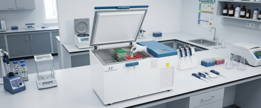 150°C Cryogenic Freezer in lab with open lid, sample racks, pipettes, and research equipment on clean bench