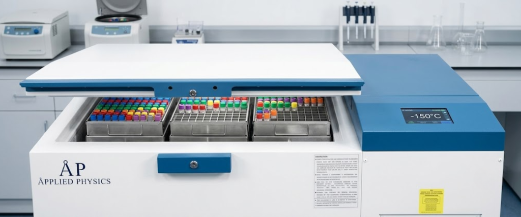 150°C Cryogenic Freezer with open lid and sample trays in a laboratory, used for ultra-low temperature storage of specimens