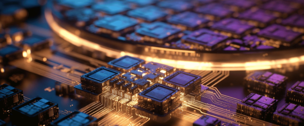 AI semiconductor chip circuit board with glowing microchips and futuristic technology design for advanced computing systems