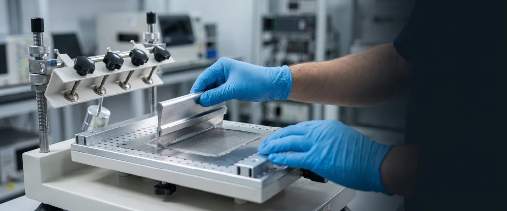 AP CHM-T3040 Stencil Printer: Technician in blue gloves using a metal stencil printer to apply paste on a circuit board in a factory setting